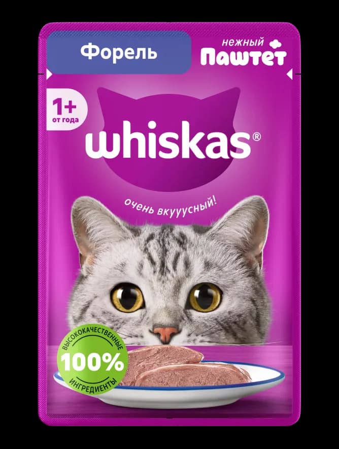 Влажный полнорационный корм WHISKAS® для взрослых кошек и котов паштет с форелью, 75 г