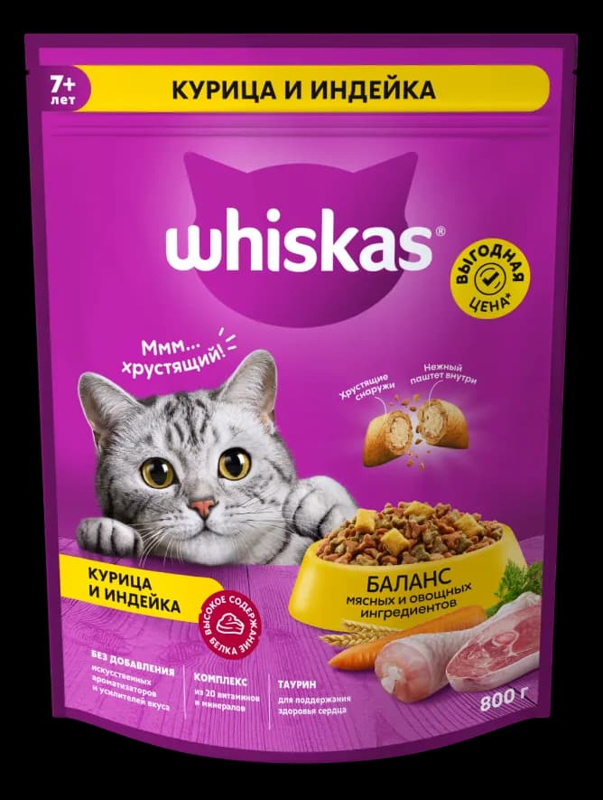 Сухой корм Whiskas® для кошек 7+ «Подушечки с паштетом. Ассорти с курицей и индейкой» 350г
