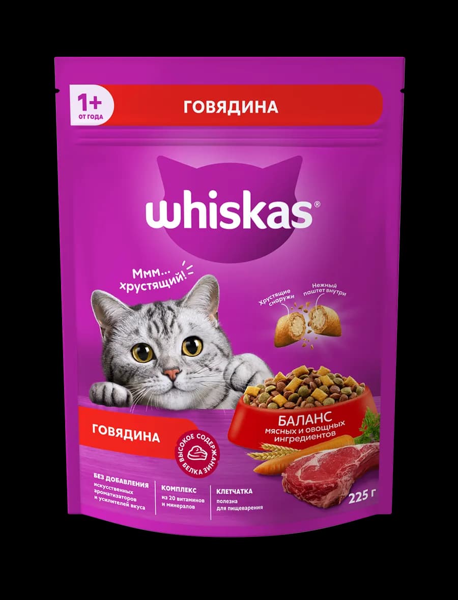Сухой корм WHISKAS® для кошек «Вкусные подушечки с нежным паштетом, с говядиной», 225 г