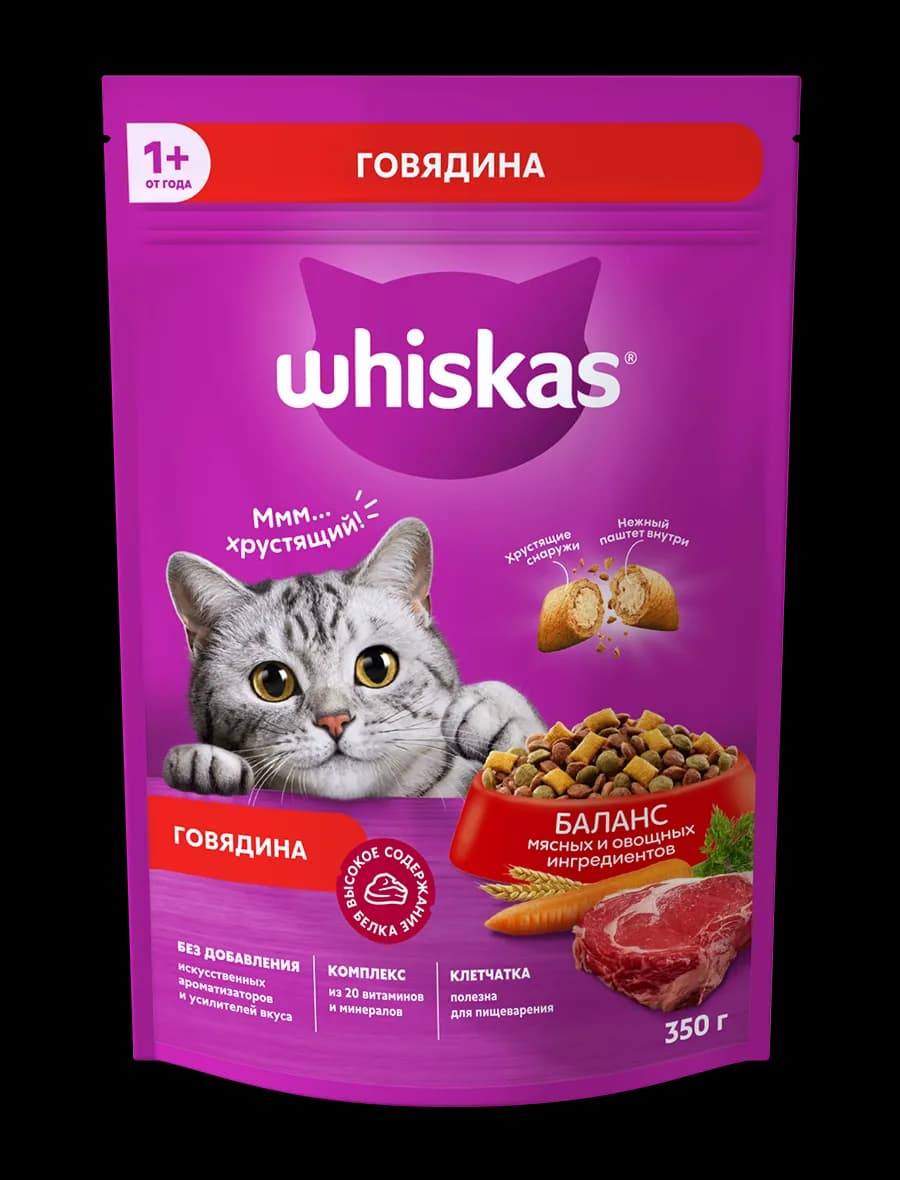 Сухой корм WHISKAS® для кошек «Вкусные подушечки с нежным паштетом, с говядиной», 350 г