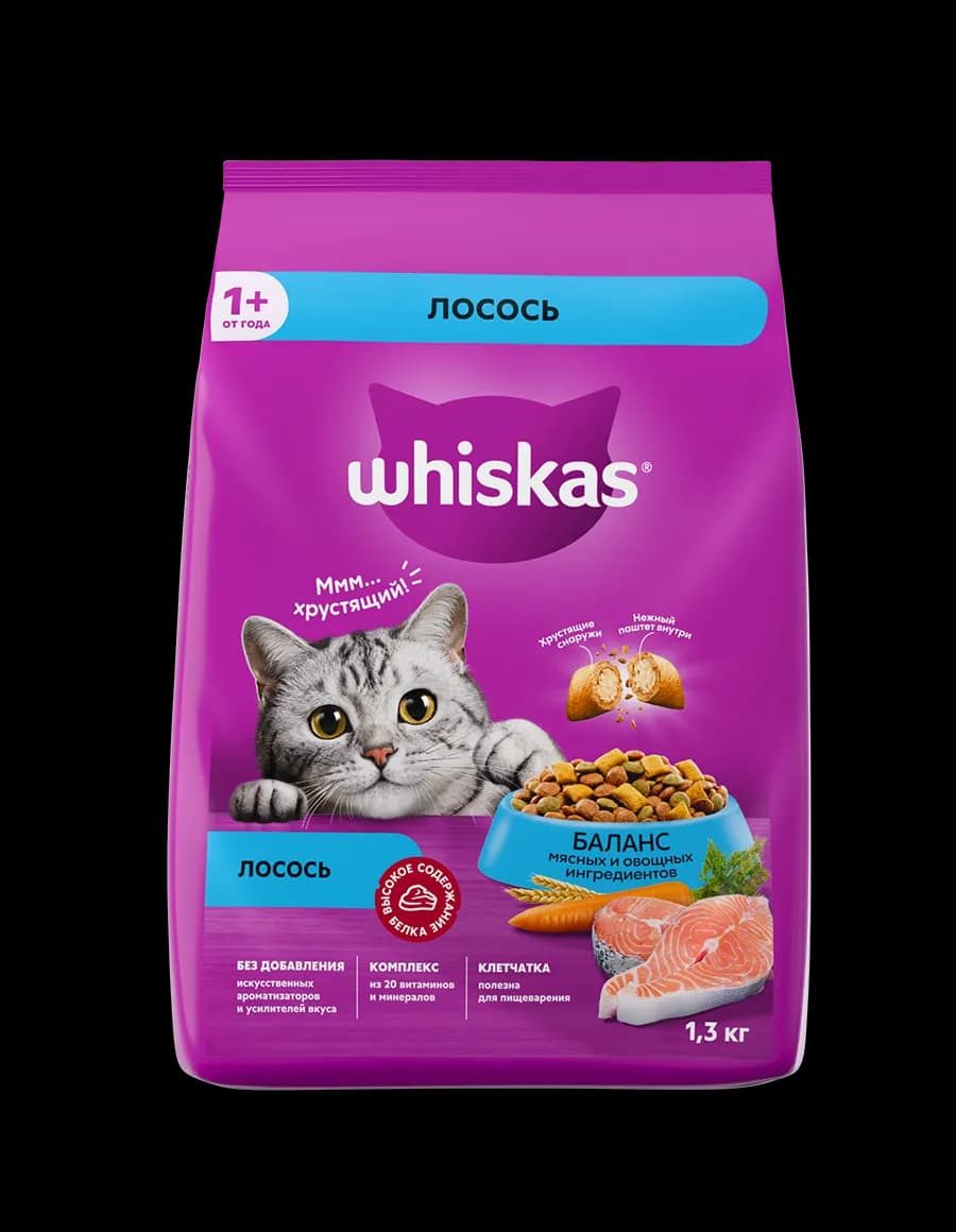 Сухой корм WHISKAS® для кошек «Вкусные подушечки с нежным паштетом, с лососем», 1,3 кг