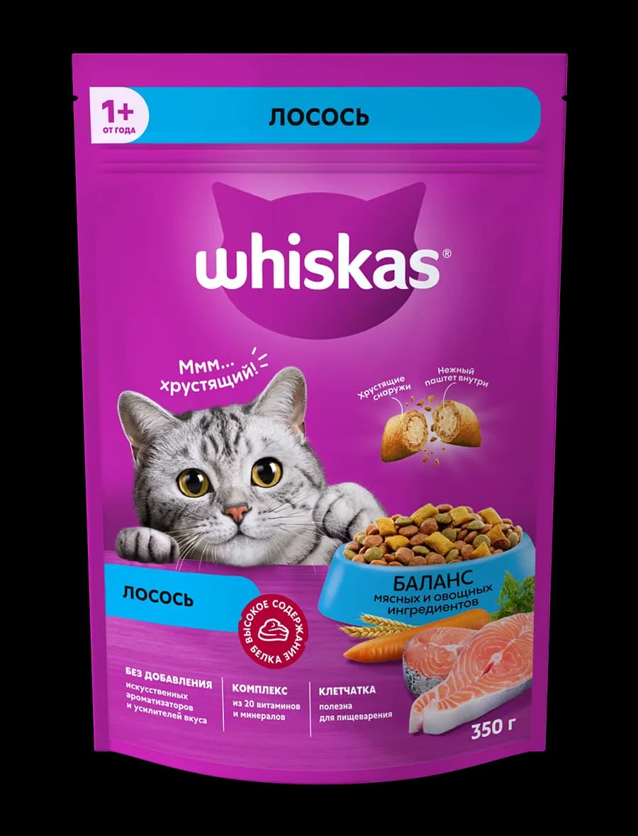 Сухой корм WHISKAS® для кошек «Вкусные подушечки с нежным паштетом, с лососем», 350 г