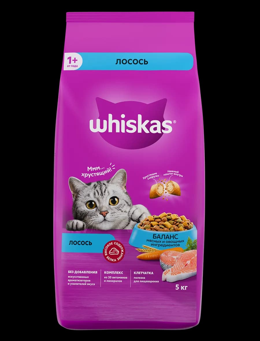 Сухой корм WHISKAS® для кошек «Вкусные подушечки с нежным паштетом, с лососем», 5 кг